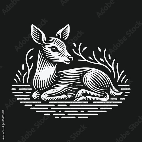 Elegant woodcut style fawn illustration on black background.