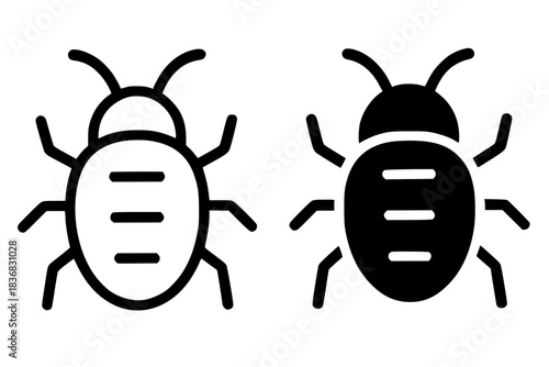 Minimalist icon, bug vector, black and white, outline and silhouette