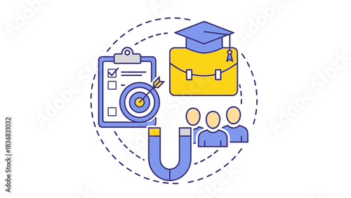 Talent Attraction and Career Goals Vector Illustration. Recruitment Strategy, Education Success, and Hiring Concept with Magnet and Graduation Cap Icons