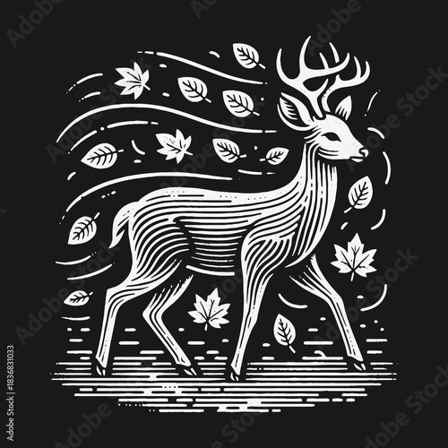 Stylized linocut deer walking among swirling autumn leaves.