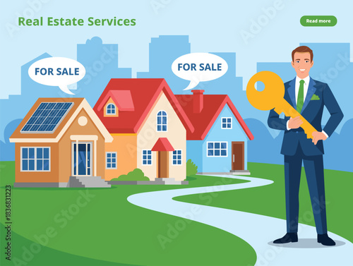 Real Estate Agent Man Holding Giant Key Houses For Sale Illustration