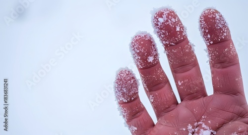 Close up of a human hand and fingers covered in white snow, illustrating the extreme cold and frostbite concept in winter
