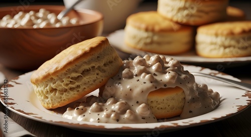 Fluffy biscuits smothered in creamy sausage gravy a classic Southern breakfast dish served on a rust
