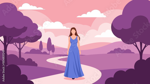 Woman in Blue Dress Walking on Winding Path Through Surreal Purple Landscape Vector Illustration