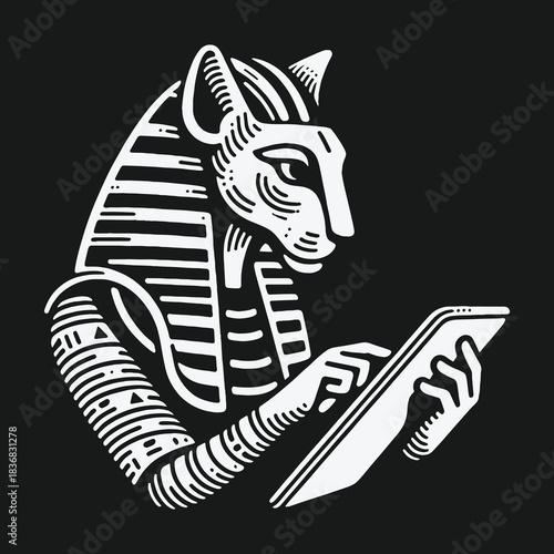 Ancient Egyptian Cat Goddess Bastet Using a Modern Tablet.