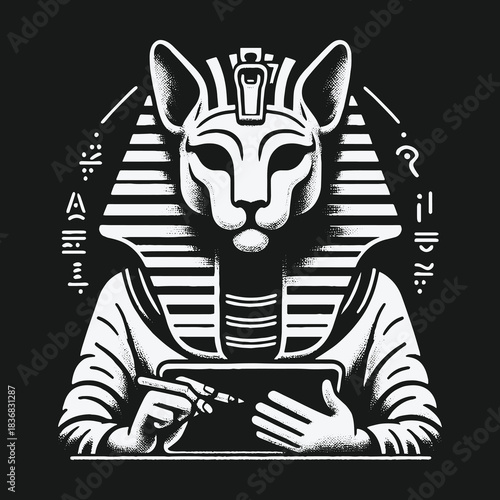 Ancient Egyptian Cat God Pharaoh Drawing on a Modern Tablet.