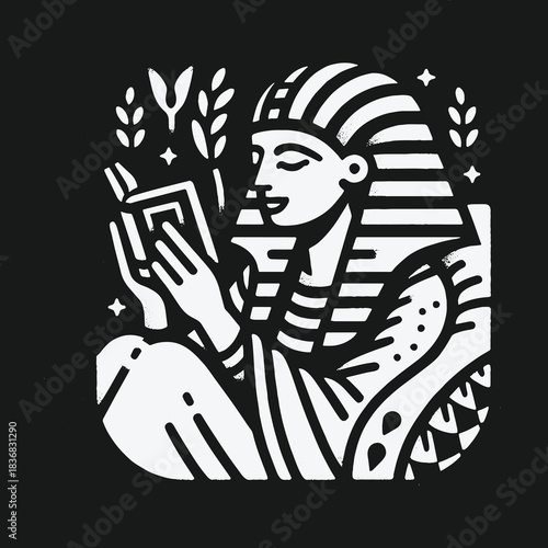 Stylized Black and White Pharaoh Reading Ancient Texts.