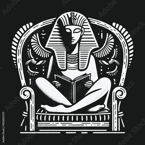 Ancient Egyptian pharaoh sitting on a throne reading a book.