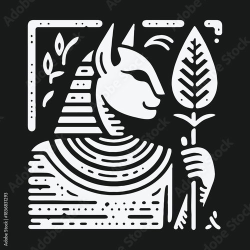 Stylized Anubis Egyptian God Linocut Illustration on Black Background.