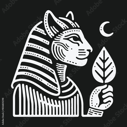 Egyptian Cat Goddess Bastet Holding a Leaf Under a Crescent Moon.