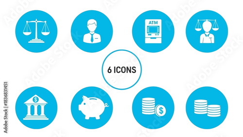 Business, Finance, and Legal Vector Icons Set including Bank, ATM, Piggy Bank, Scales of Justice, and Businessman Symbols