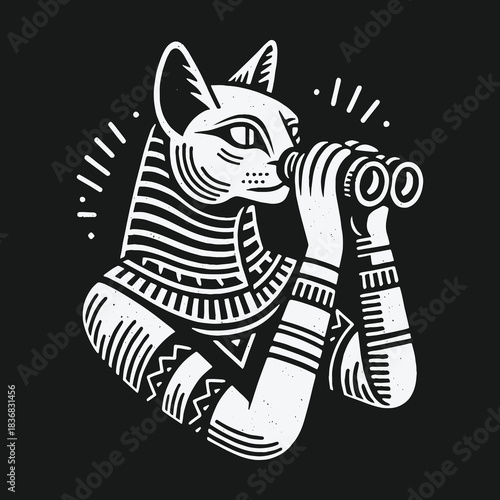 Ancient Egyptian Cat Goddess Bastet Looking Through Modern Binoculars.