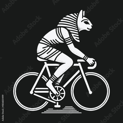 Ancient Egyptian Cat Goddess Bastet Riding a Modern Bicycle Illustration.