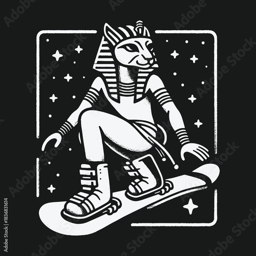 Ancient Egyptian Cat Goddess Bastet Snowboarding in Space.