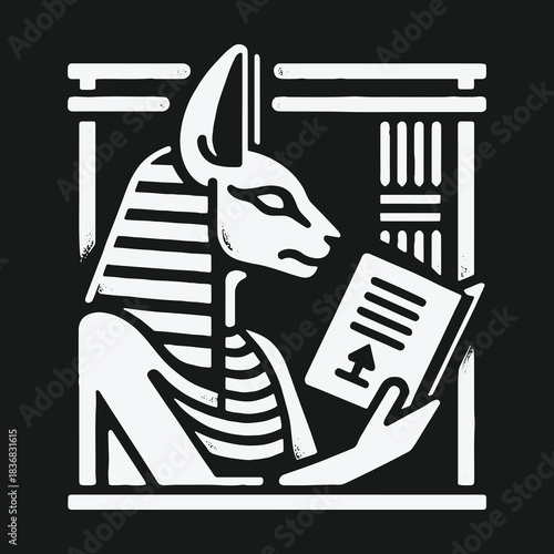 Ancient Egyptian god Anubis depicted reading a book in a modern graphic style.