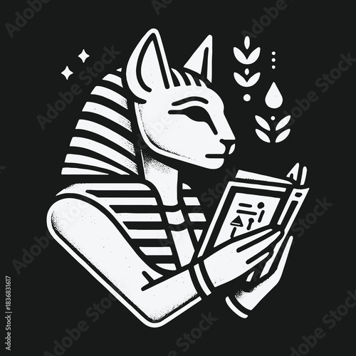 Monochrome Illustration of an Egyptian Cat Deity Reading a Book of Hieroglyphs.