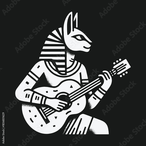 Ancient Egyptian God Anubis Playing a Modern Acoustic Guitar Illustration.