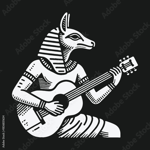 Ancient Egyptian God Anubis Playing an Acoustic Guitar Illustration.