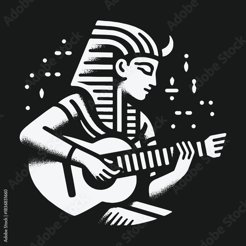 Monochrome graphic illustration of an ancient Egyptian pharaoh playing the guitar.