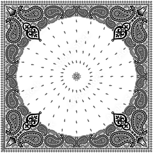 Bandana paisley square ethnic floral hand drawn pattern.Ornament classic vintage vector elements black on white background.Design for scarf,headscarf,kerchief,hijab,tablecloth,print fabric,decoration.