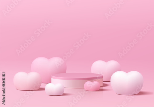 Valentine 3D pink product podium background with balloon heart shape decorates. Abstract composition minimalist design. Studio display showroom cosmetic pedestal, Fashion stage showcases mockup scene.