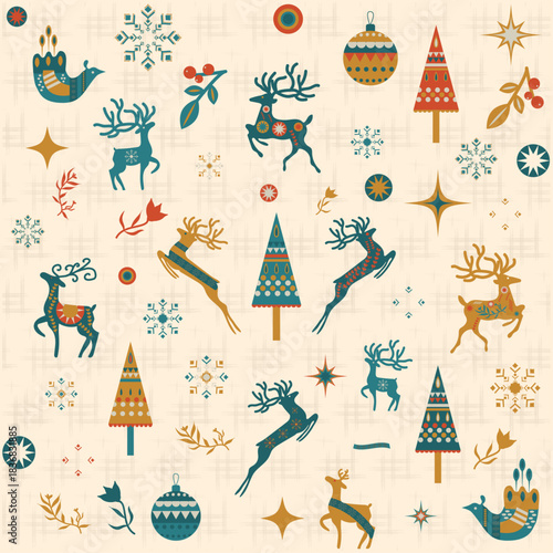 Canvas Print seamless repeating textile pattern with stylized Christmas elements like reindee