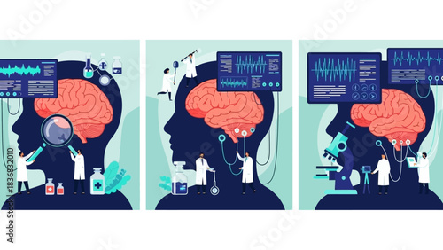 Brain Research and Mental Health Testing Concepts Vector Illustration Set. Neurological Diagnosis and Medical Examination Process Banner