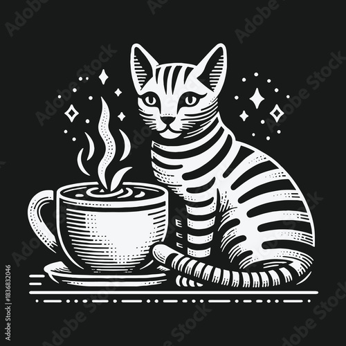 Black and white linocut illustration of a striped cat with coffee.
