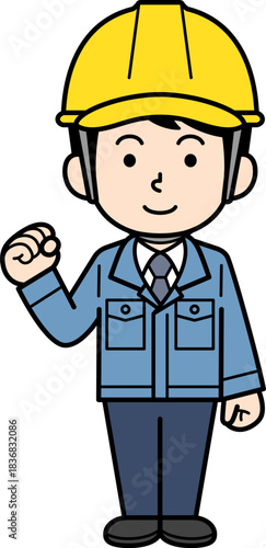 ガッツポーズするヘルメットをかぶった現場監督の男性