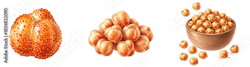 Wallpaper Mural Three depictions of chickpeas: a cluster, a pile, and a bowl filled with the legumes on a plain setting on transparent background Torontodigital.ca