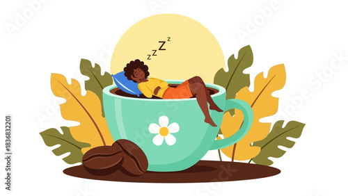 Relaxed African American Woman Sleeping Peacefully Inside a Giant Coffee Mug