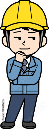 不敵に笑うヘルメットをかぶった現場監督の男性