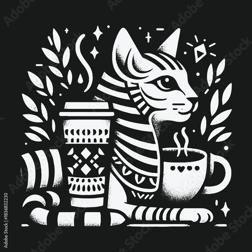 Black and White Graphic Illustration of an Egyptian Cat with Coffee.
