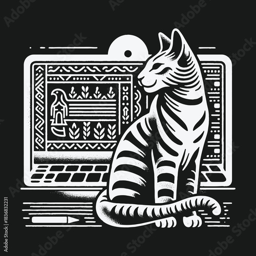 Monochrome illustration of an Egyptian cat using a laptop for graphic design with hieroglyphs on the screen.