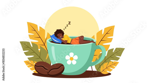 Happy Woman Sleeping Soundly Inside a Large Coffee Cup Vector Illustration