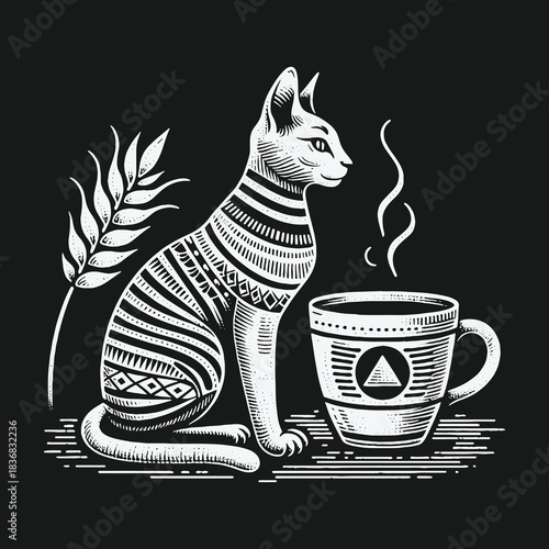 Mystical Egyptian Cat Enjoying a Hot Coffee Linocut Illustration.
