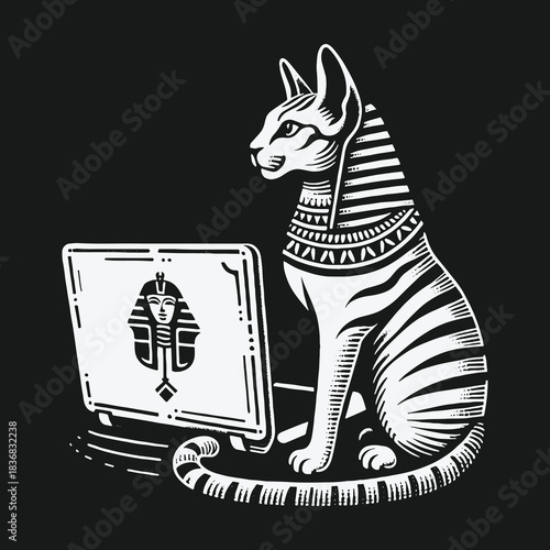Ancient Egyptian cat wearing a pharaoh headdress using a modern laptop.