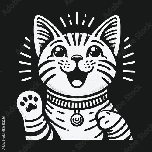 Happy Maneki-neko lucky cat waving paw illustration.
