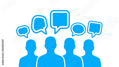 Group Communication Concept Vector Illustration. People Silhouettes with Blue Speech Bubbles Representing Team Discussion, Social Network Interaction, or Public Opinion Feedback