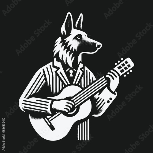 A stylish anthropomorphic wolf in a suit playing an acoustic guitar.