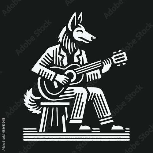Stylized anthropomorphic wolf musician playing an acoustic guitar.