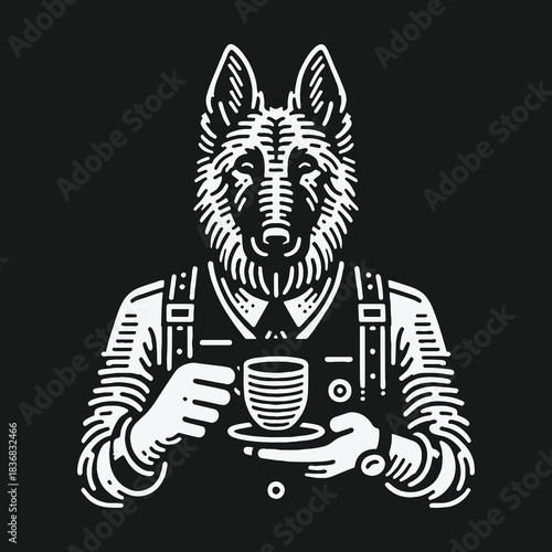 Anthropomorphic German Shepherd Dog Barista Holding a Coffee Cup Illustration.
