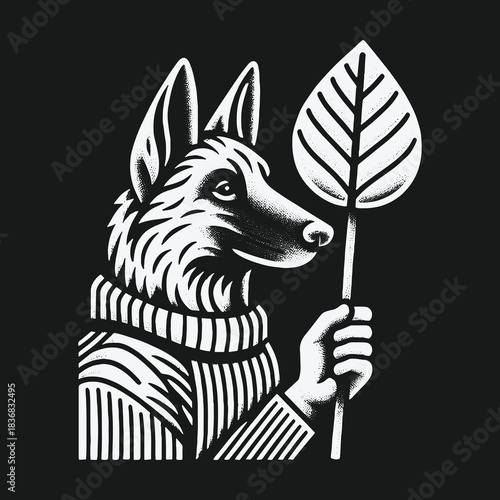 Stylish wolf character in a striped sweater holding a large leaf.