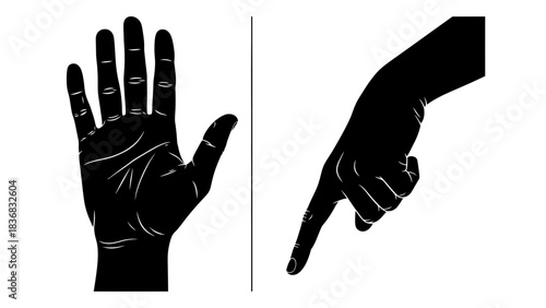 Vector Silhouettes of Hand Gestures: Open Palm Stop Sign and Pointing Index Finger Down. Isolated Graphic Design Element Set.