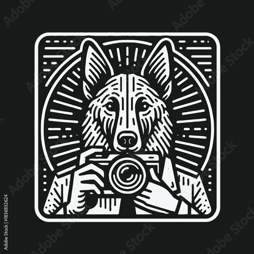 Anthropomorphic dog photographer holding a vintage camera illustration.