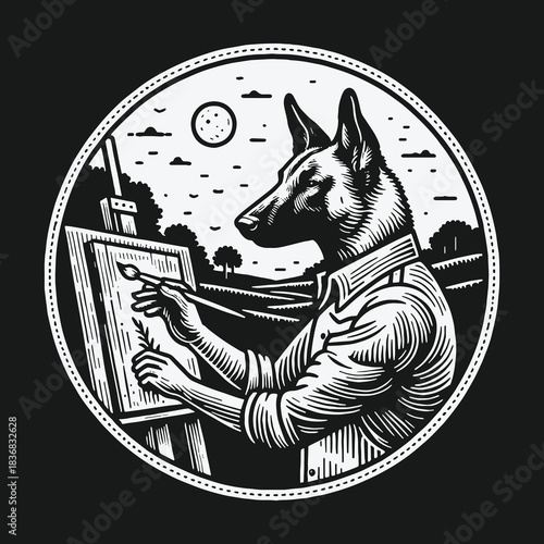 Vintage black and white illustration of a dog artist painting a landscape.