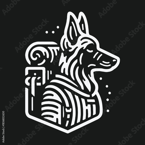 Stylized German Shepherd adventurer with travel pack vector logo.