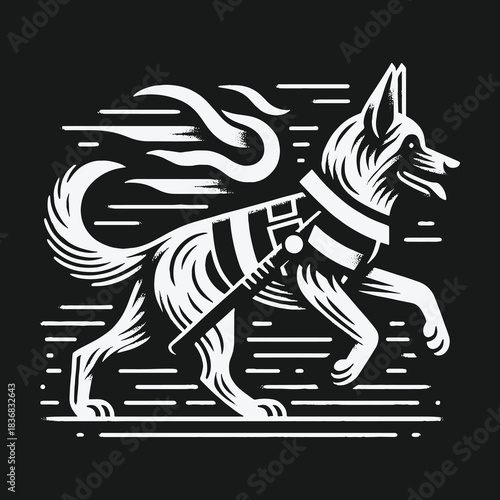Black and white stylized illustration of a running service dog.