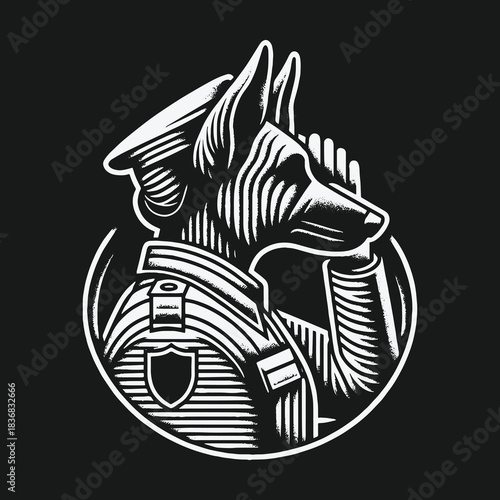 Monochrome vector illustration of a saluting military dog emblem.