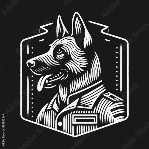German Shepherd dog in military uniform vector illustration.